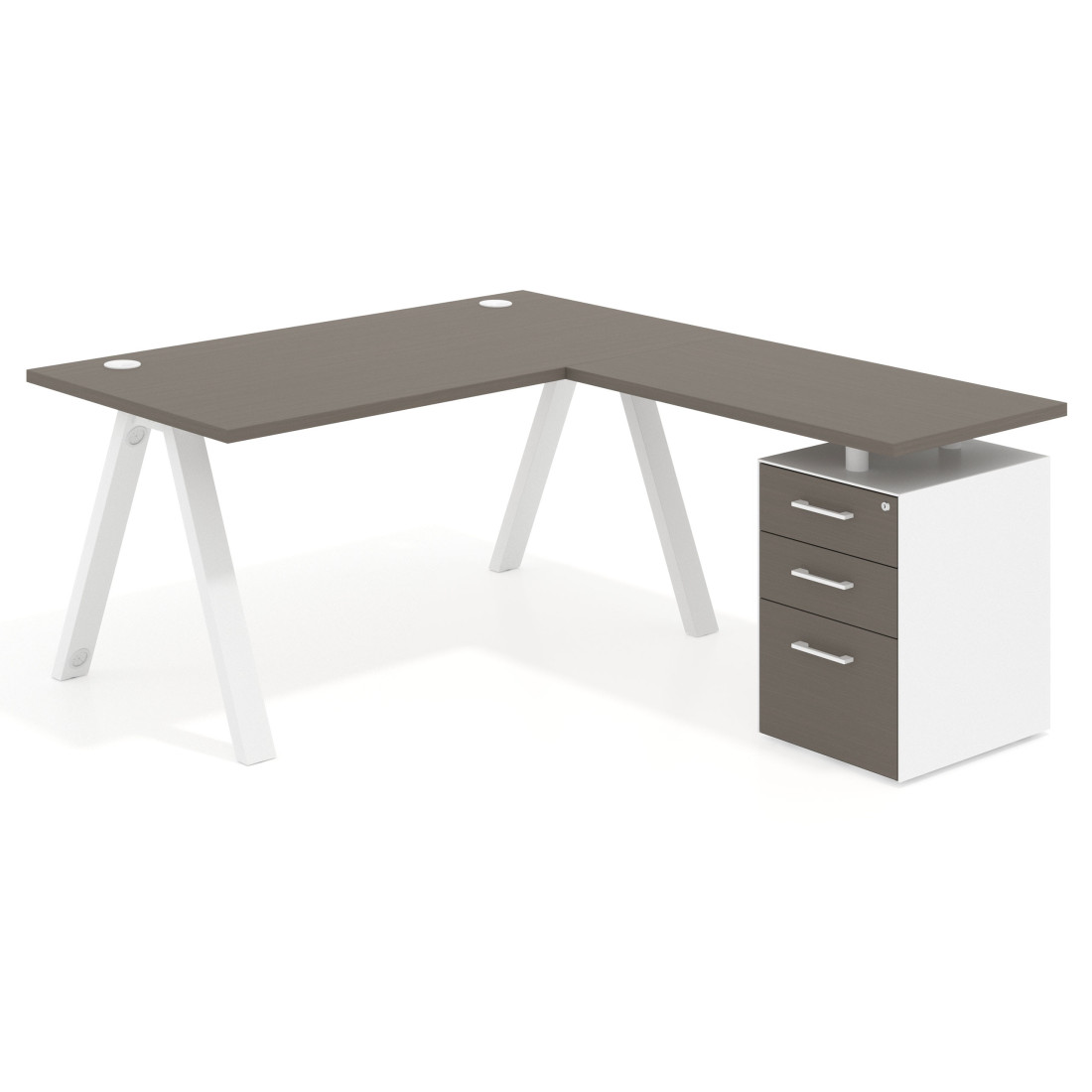 Mesa de escritorio en L con cajones UvePro, estructura blanca, ala pedestal melamina