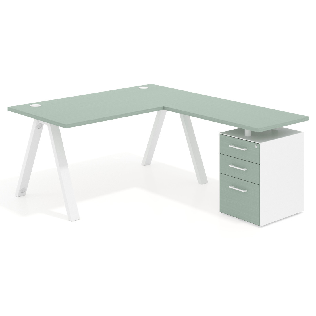 Mesa de escritorio en L con cajones UvePro, estructura blanca, ala pedestal melamina