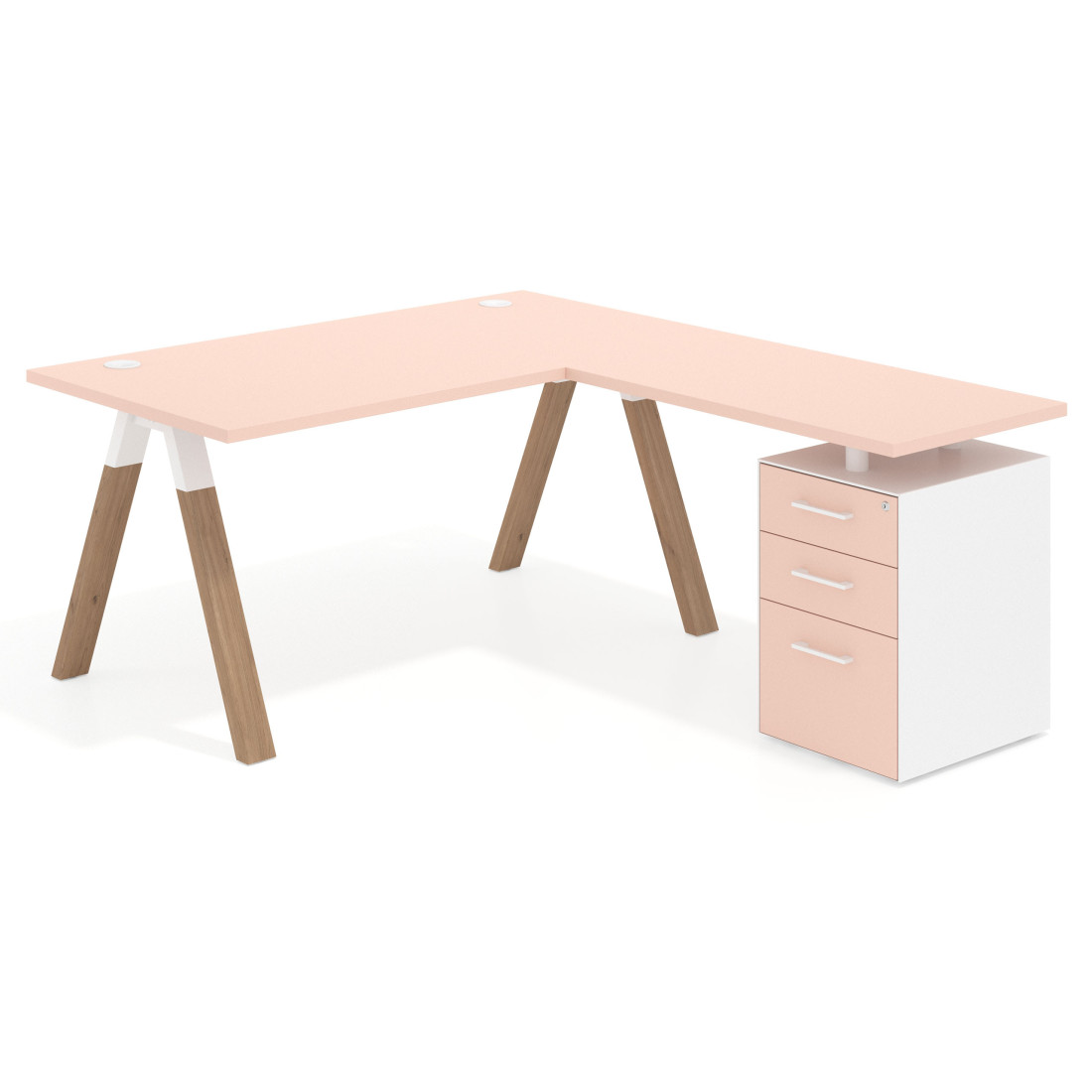 Mesa de escritorio en L con cajones UvePro, estructura blanca/madera, ala pedestal melamina
