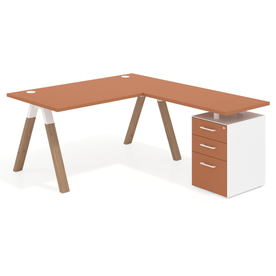 Mesa de escritorio en L con cajones UvePro, estructura blanca/madera, ala pedestal melamina