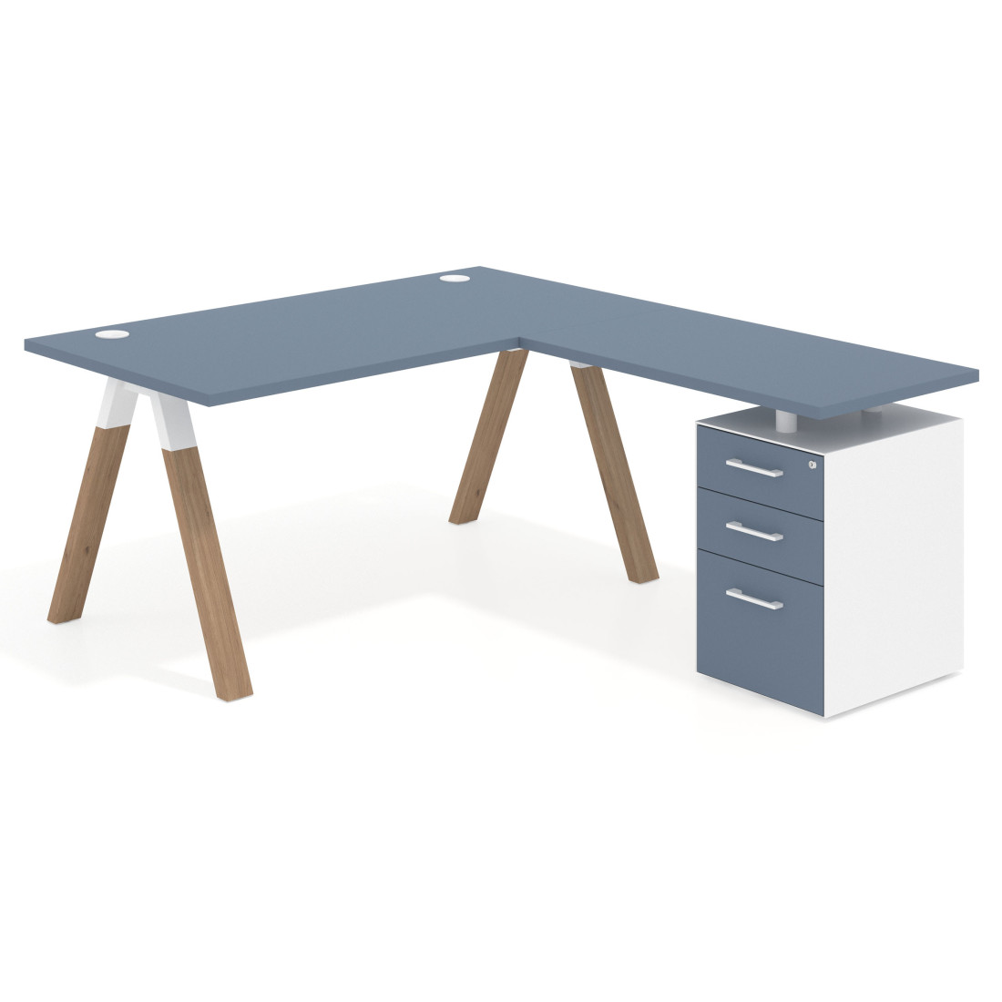 Mesa de escritorio en L con cajones UvePro, estructura blanca/madera, ala pedestal melamina
