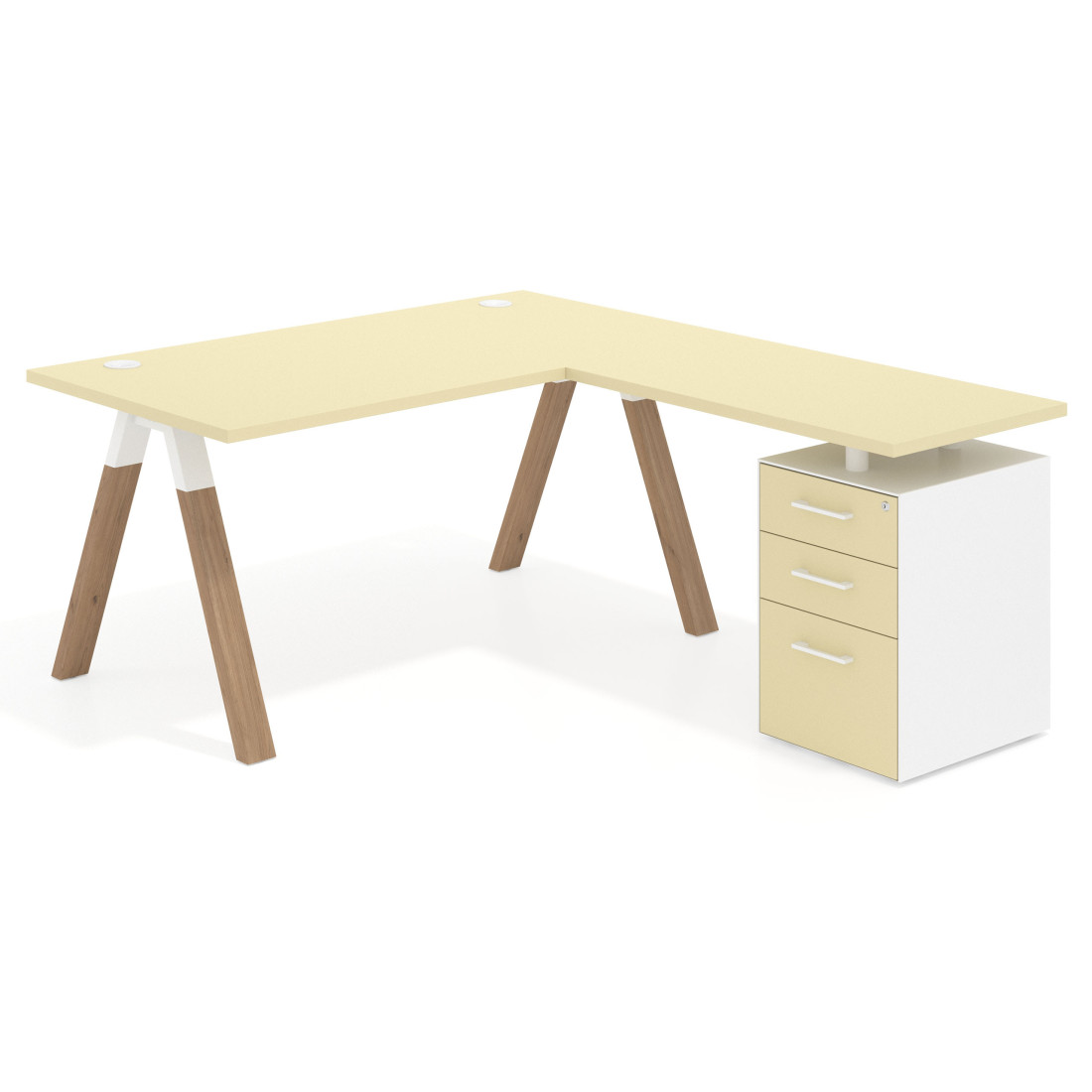 Mesa de escritorio en L con cajones UvePro, estructura blanca/madera, ala pedestal melamina