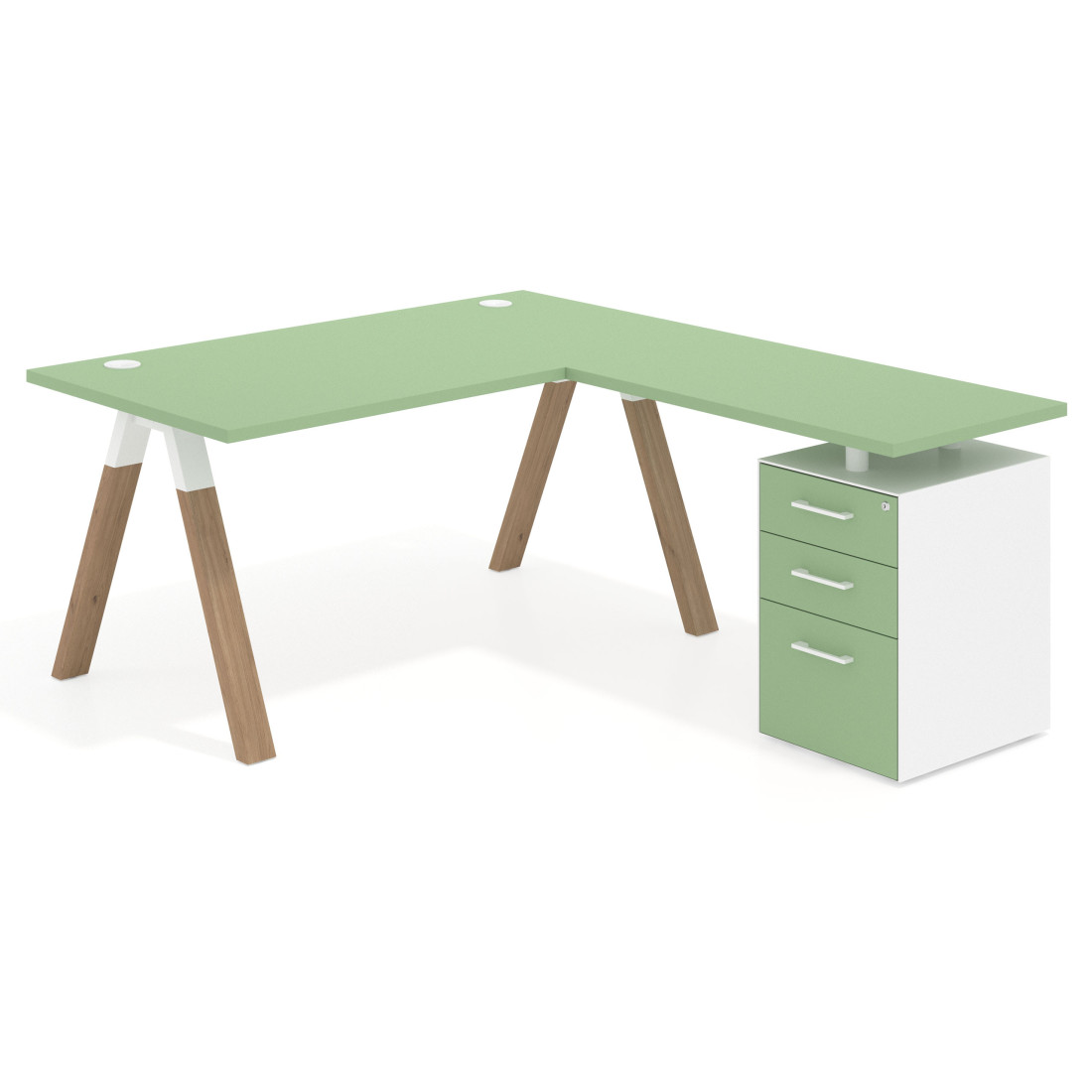 Mesa de escritorio en L con cajones UvePro, estructura blanca/madera, ala pedestal melamina