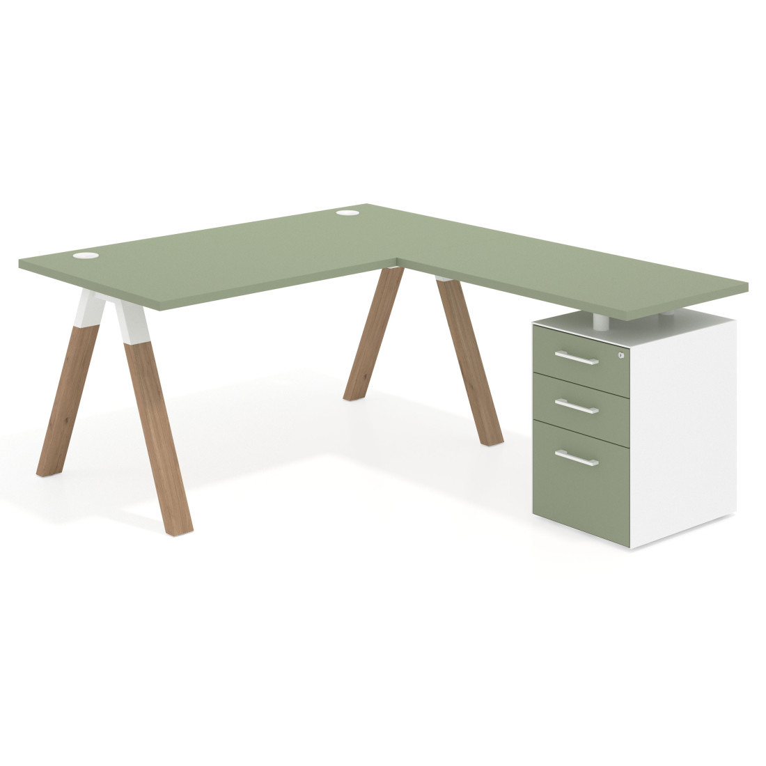 Mesa de escritorio en L con cajones UvePro, estructura blanca/madera, ala pedestal melamina