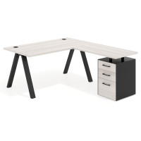 Mesa de escritorio en L con cajones UvePro, estructura negra, ala pedestal melamina - CALIFORNIA, 140x180