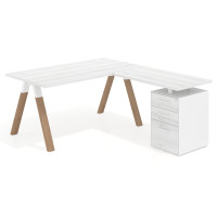 Mesa de escritorio en L con cajones UvePro, estructura blanca/madera, ala pedestal melamina - ALBO, 180x180