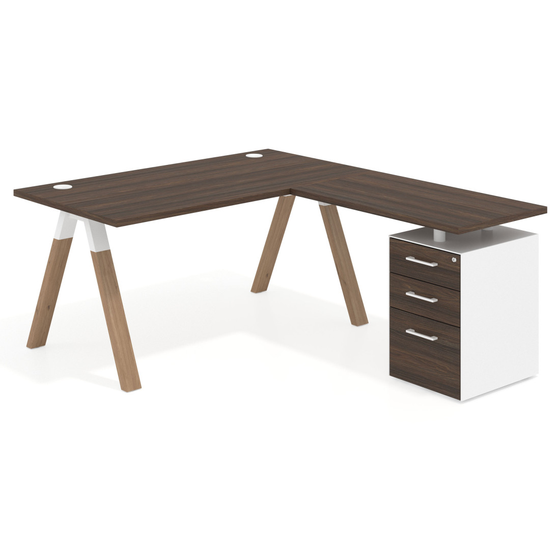 Mesa de escritorio en L con cajones UvePro, estructura blanca/madera, ala pedestal melamina