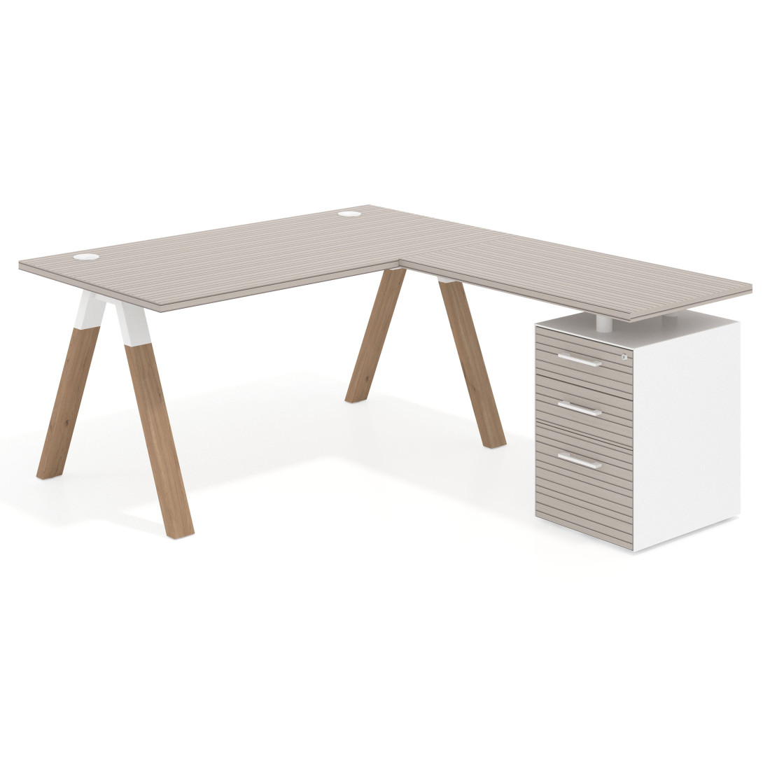 Mesa de escritorio en L con cajones UvePro, estructura blanca/madera, ala pedestal melamina