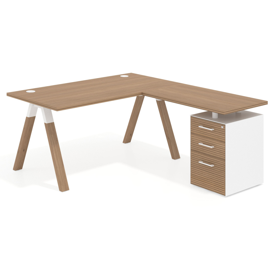 Mesa de escritorio en L con cajones UvePro, estructura blanca/madera, ala pedestal melamina