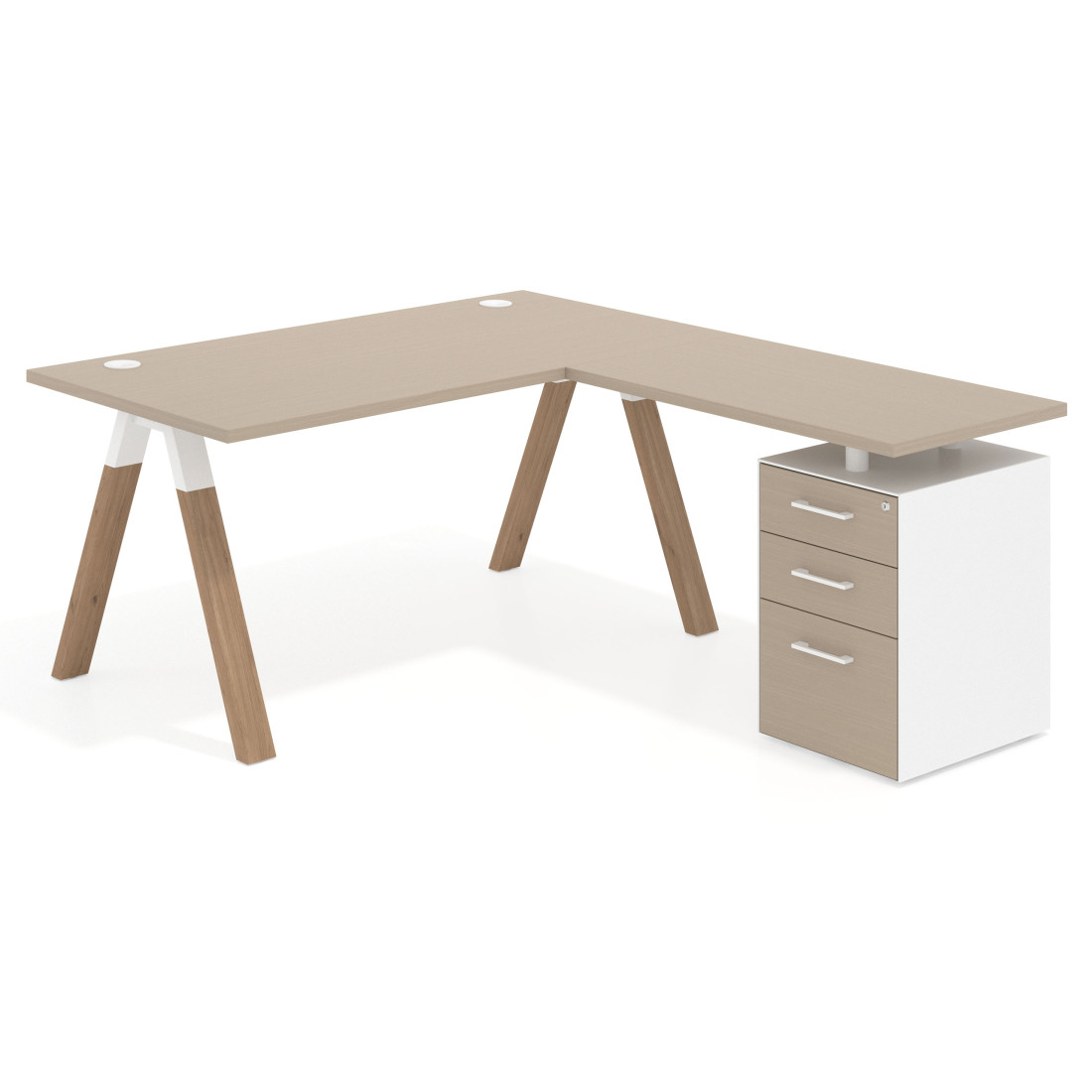 Mesa de escritorio en L con cajones UvePro, estructura blanca/madera, ala pedestal melamina