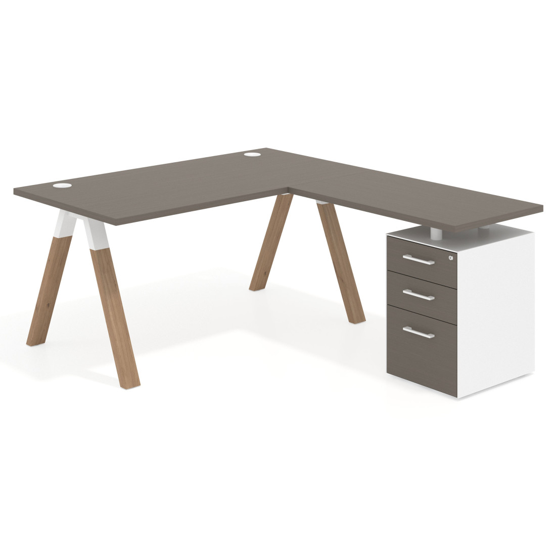 Mesa de escritorio en L con cajones UvePro, estructura blanca/madera, ala pedestal melamina