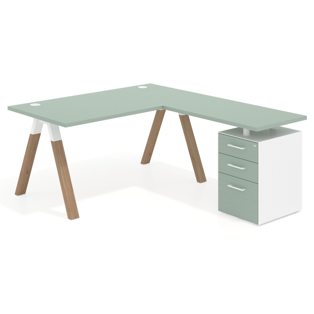 Mesa de escritorio en L con cajones UvePro, estructura blanca/madera, ala pedestal melamina