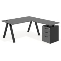 Mesa de escritorio en L con cajones UvePro, estructura negra, ala pedestal melamina - GRIS TORMENTA, 180x180