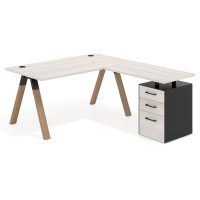 Mesa de escritorio en L con cajones UvePro, estructura negra/madera, ala pedestal melamina - CALIFORNIA, 140x180