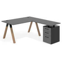 Mesa de escritorio en L con cajones UvePro, estructura negra/madera, ala pedestal melamina - GRIS TORMENTA, 180x180