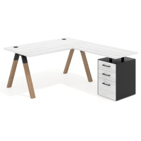 Mesa de escritorio en L con cajones UvePro, estructura negra/madera, ala pedestal melamina - ALBO, 180x180