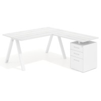 Mesa de escritorio en L con cajones UvePro, estructura blanca, ala pedestal metal - ALBO, 180x180