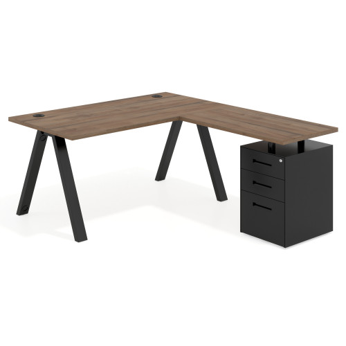 Mesa de escritorio en L con cajones UvePro, estructura negra, ala pedestal metal - 180x180