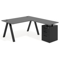 Mesa de escritorio en L con cajones UvePro, estructura negra, ala pedestal metal - GRIS TORMENTA, 180x180