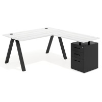 Mesa de escritorio en L con cajones UvePro, estructura negra, ala pedestal metal - ALBO, 180x180