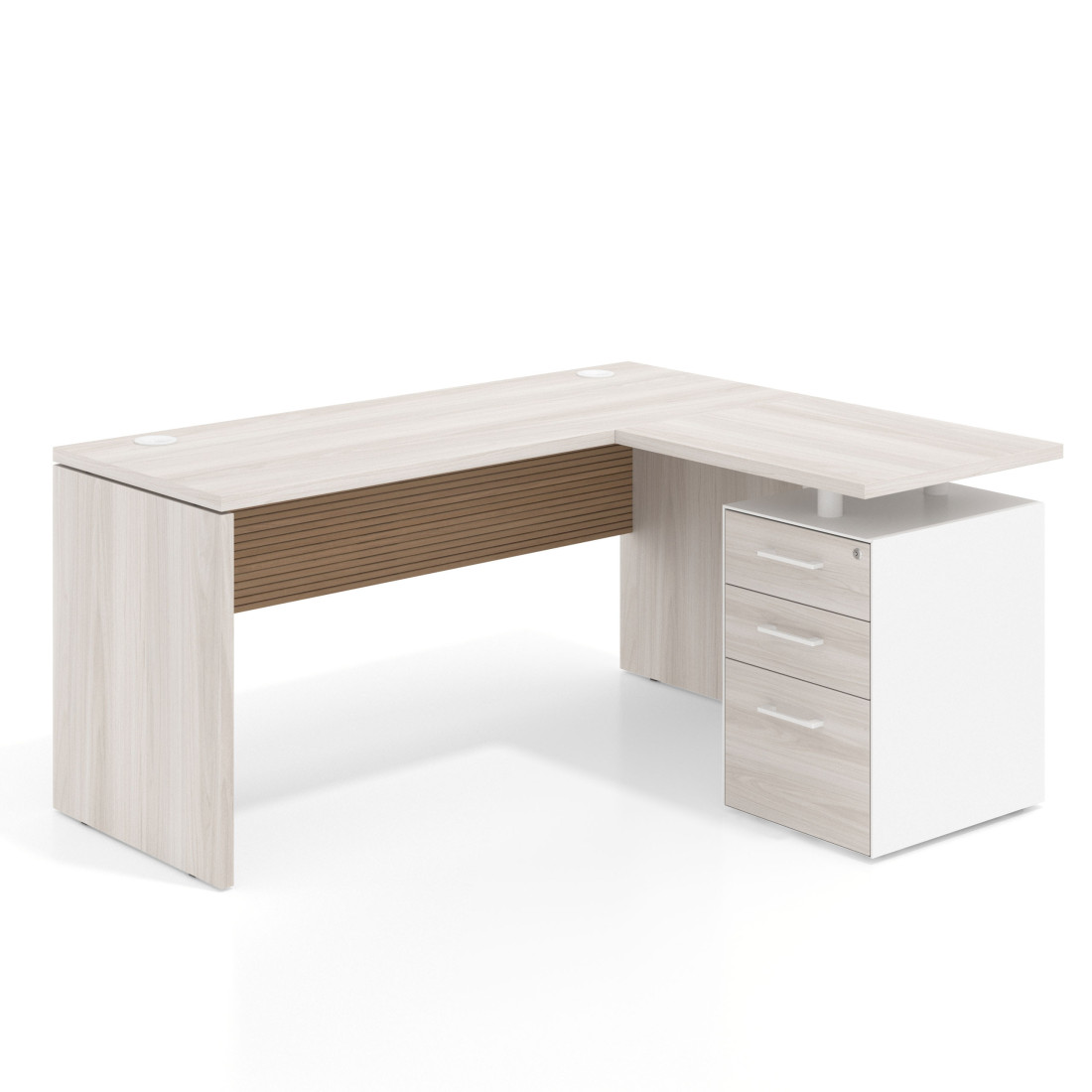 Mesa de Escritorio con cajones en L Work Plus, ala corta, fondo 60, frontales melamina diseño rayado