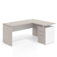 Mesa de Escritorio con cajones en L Work Plus, ala corta, fondo 60, frontales melamina diseño bicolor - Gris Coco/Blanco Mate, 140x130