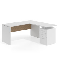 Mesa de Escritorio con cajones en L Work Plus fondo 60, frontales de metal diseño rayado - Blanco Mate/Rayado Natural, 180X160