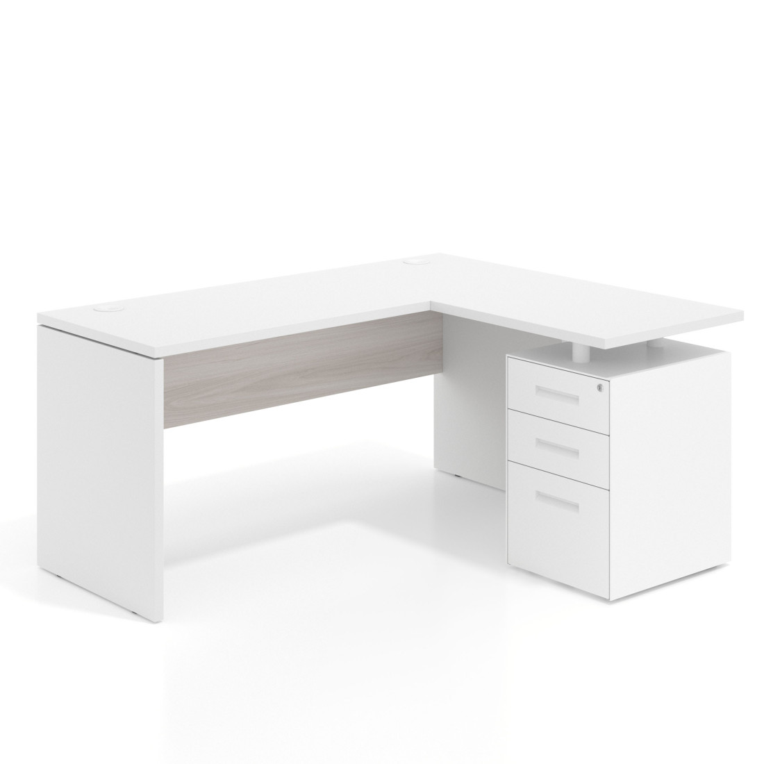 Mesa de Escritorio con cajones en L Work Plus, ala corta, fondo 60, frontales de metal estructura blanco mate
