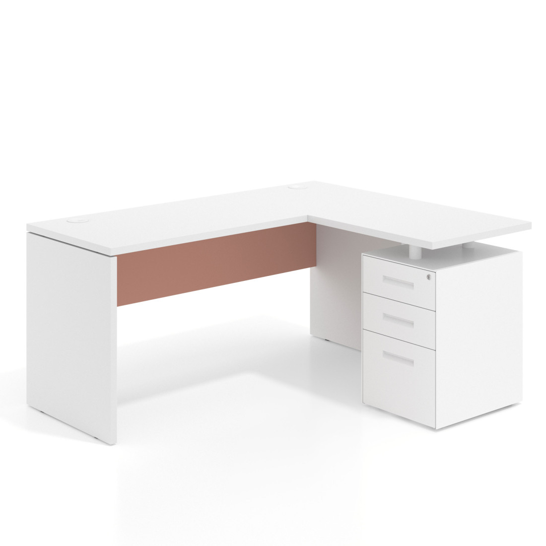 Mesa de Escritorio con cajones en L Work Plus, ala corta, fondo 60, frontales de metal estructura blanco mate