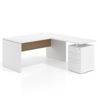 Mesa de Oficina con cajones Work Plus fondo 80, frontales melamina diseño rayado - 180x180, Blanco Mate/Rayado Natural