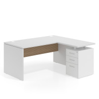 Mesa de Oficina con cajones Work Plus fondo 80, ala corta, frontales de metal diseño rayado - Blanco Mate/Rayado Natural, 180x150