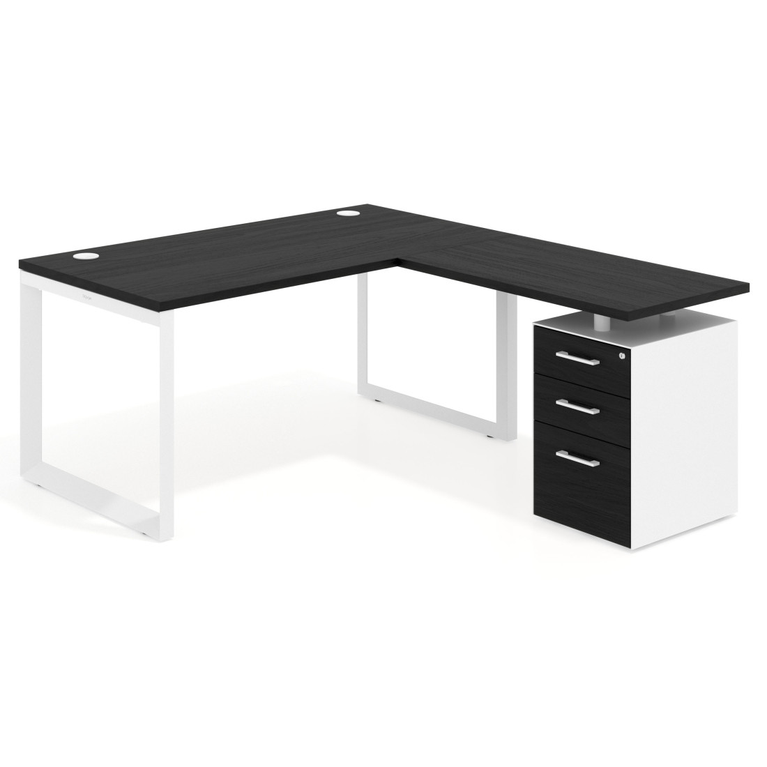 Mesa de escritorio en L con cajones Delta, estructura blanca, ala pedestal melamina