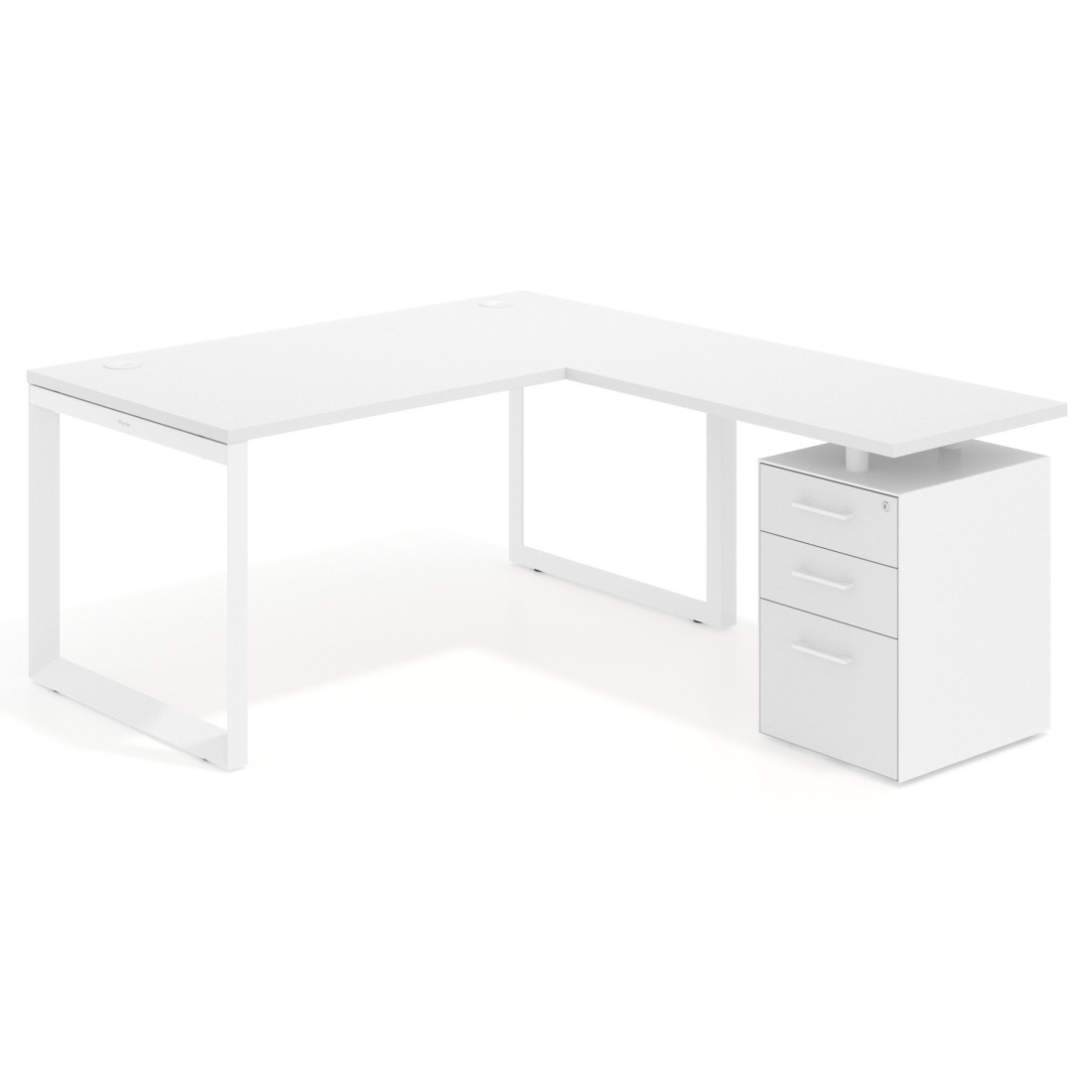 Mesa de escritorio en L con cajones Delta, estructura blanca, ala pedestal melamina