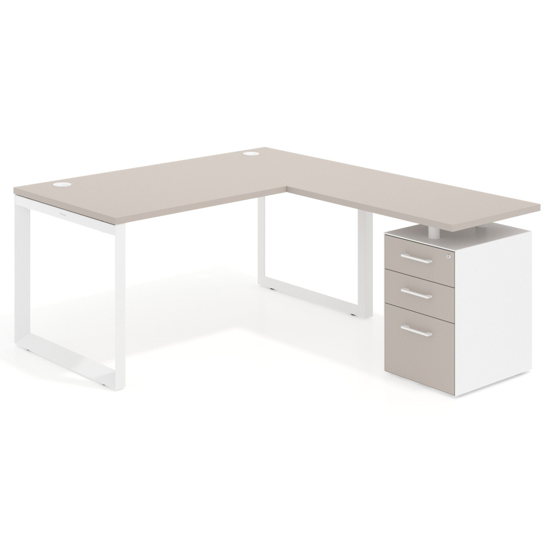 Mesa de escritorio en L con cajones Delta, estructura blanca, ala pedestal melamina