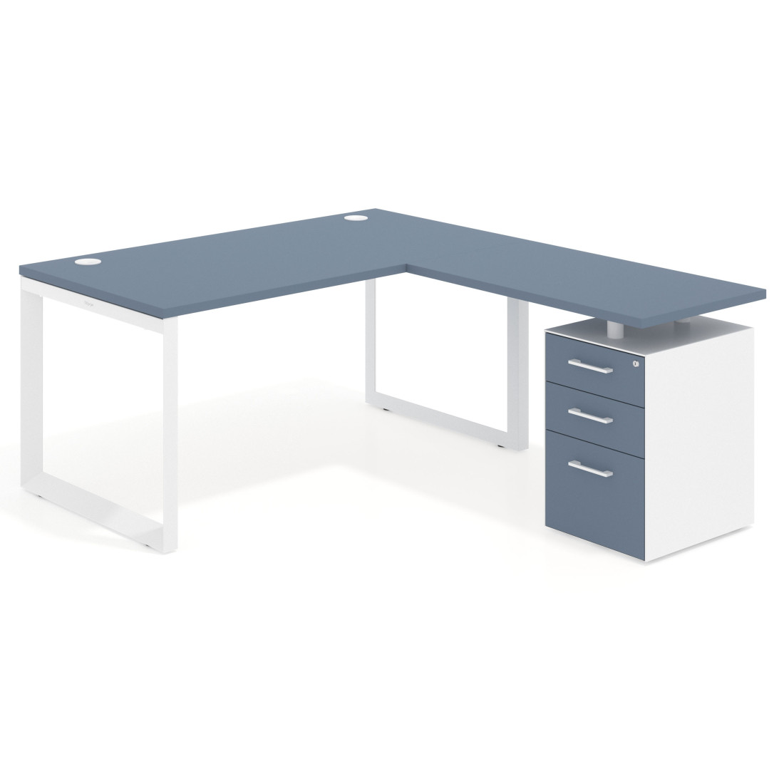 Mesa de escritorio en L con cajones Delta, estructura blanca, ala pedestal melamina
