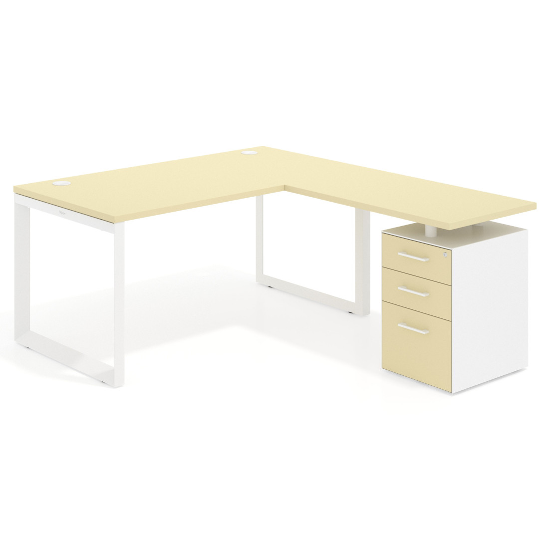 Mesa de escritorio en L con cajones Delta, estructura blanca, ala pedestal melamina
