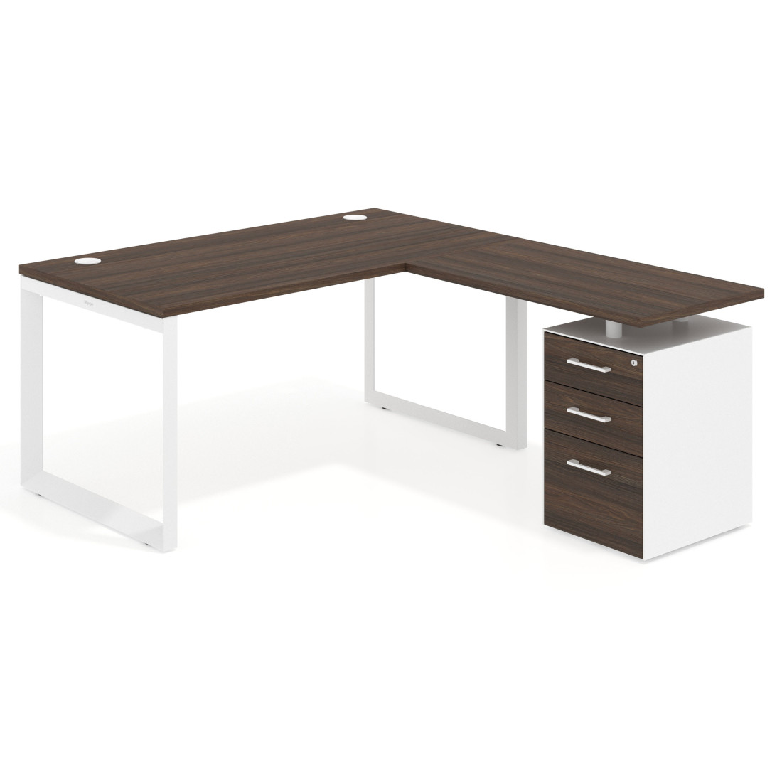 Mesa de escritorio en L con cajones Delta, estructura blanca, ala pedestal melamina