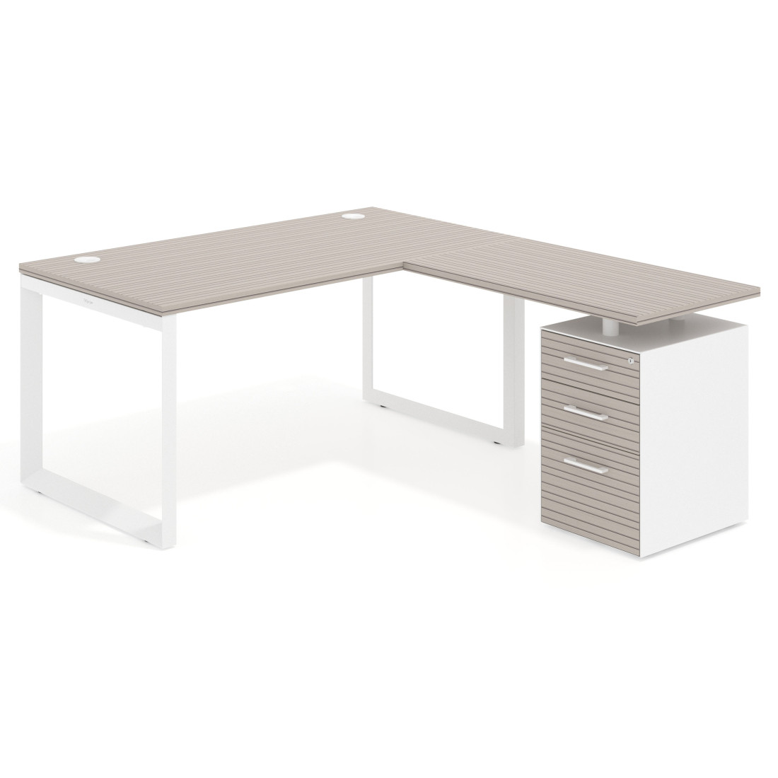 Mesa de escritorio en L con cajones Delta, estructura blanca, ala pedestal melamina