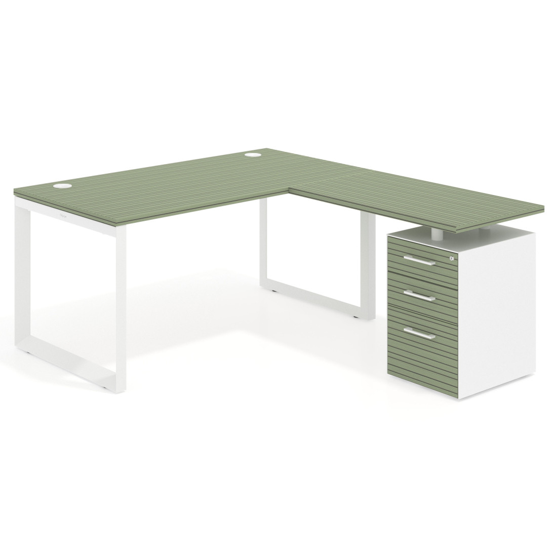 Mesa de escritorio en L con cajones Delta, estructura blanca, ala pedestal melamina