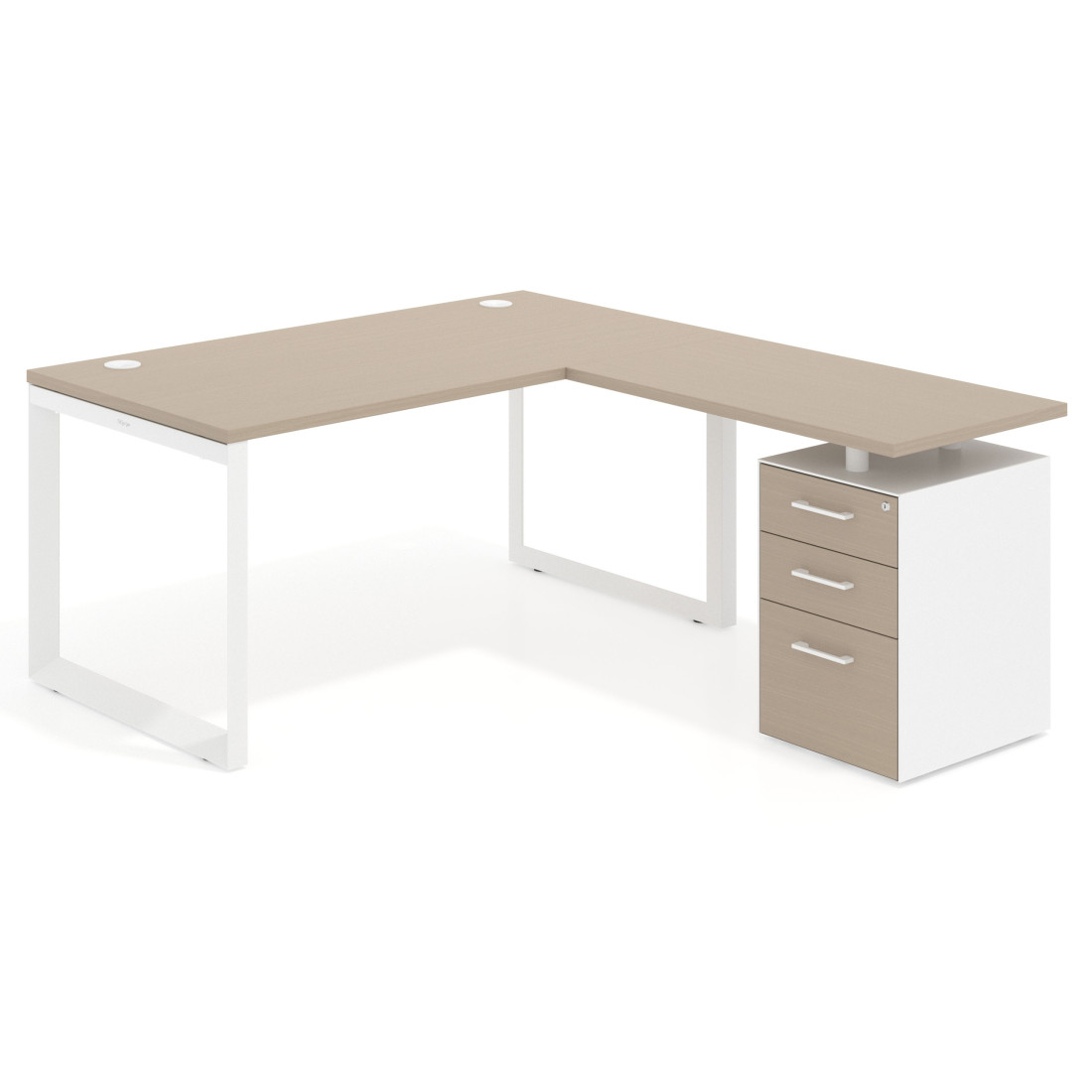 Mesa de escritorio en L con cajones Delta, estructura blanca, ala pedestal melamina