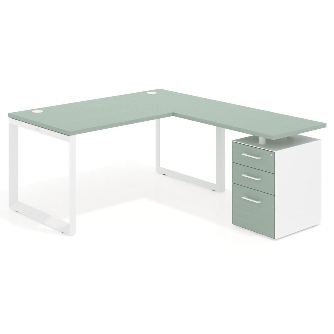 Mesa de escritorio en L con cajones Delta, estructura blanca, ala pedestal melamina