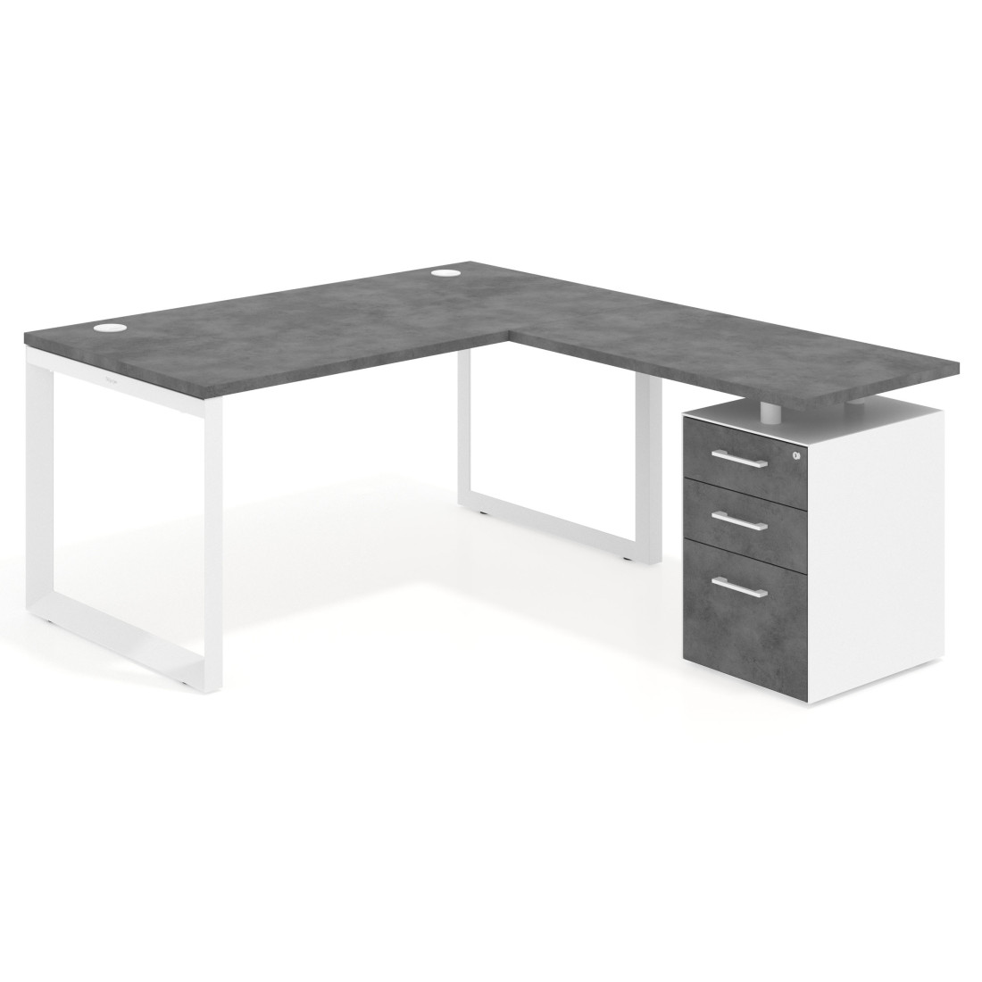 Mesa de escritorio en L con cajones Delta, estructura blanca, ala pedestal melamina