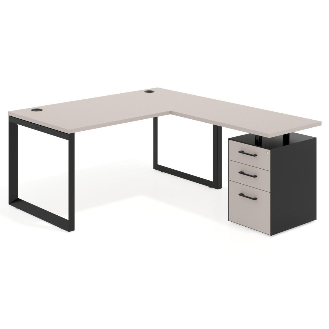 Mesa de escritorio en L con cajones Delta, estructura negra, ala pedestal melamina