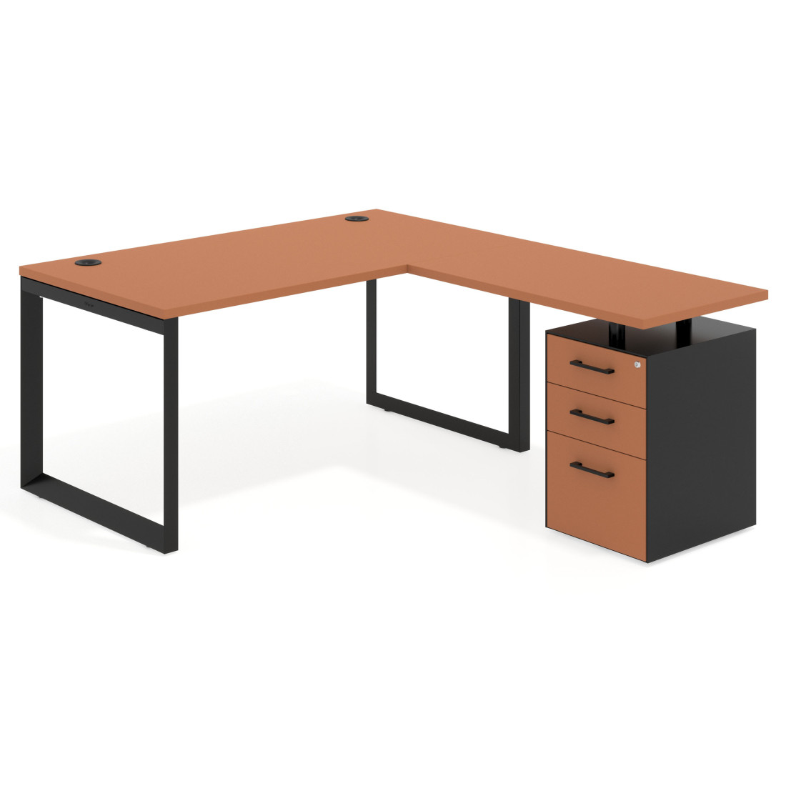 Mesa de escritorio en L con cajones Delta, estructura negra, ala pedestal melamina