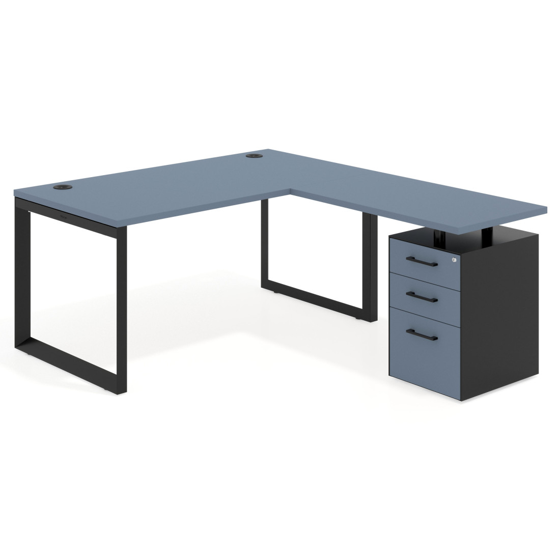 Mesa de escritorio en L con cajones Delta, estructura negra, ala pedestal melamina
