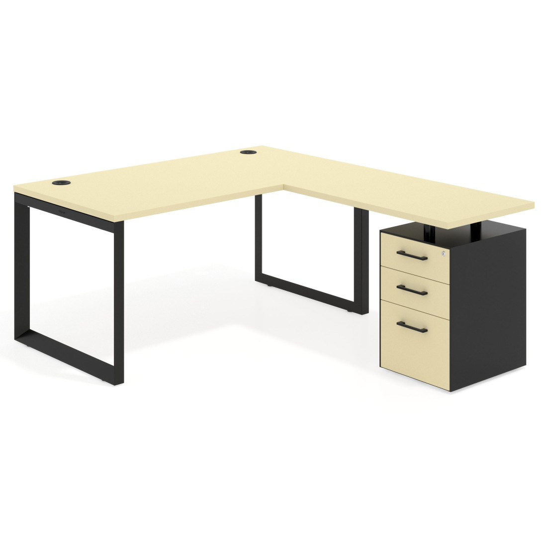 Mesa de escritorio en L con cajones Delta, estructura negra, ala pedestal melamina