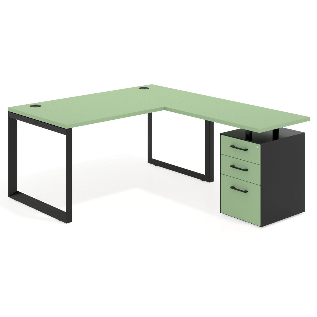 Mesa de escritorio en L con cajones Delta, estructura negra, ala pedestal melamina