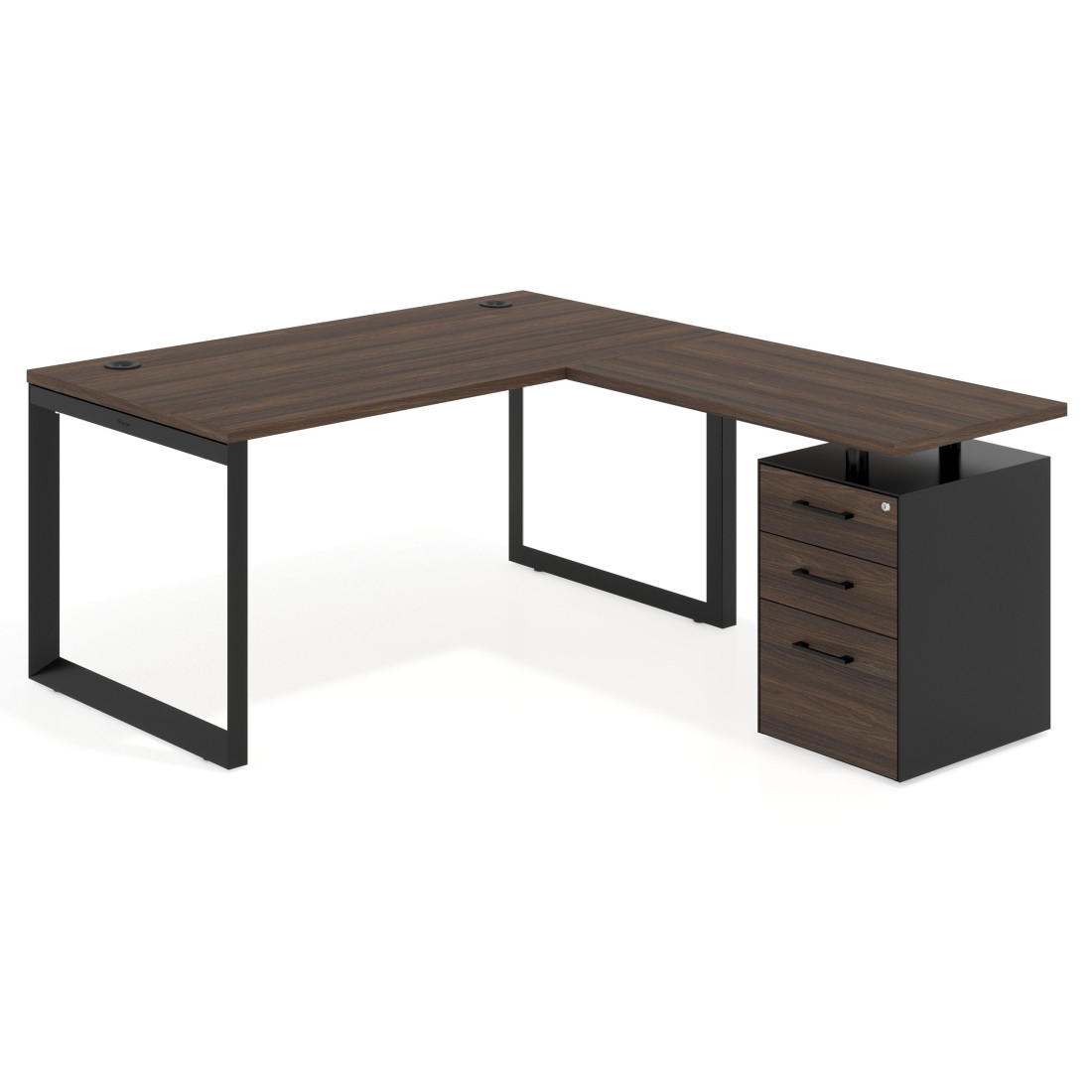 Mesa de escritorio en L con cajones Delta, estructura negra, ala pedestal melamina