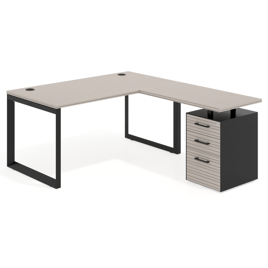 Mesa de escritorio en L con cajones Delta, estructura negra, ala pedestal melamina