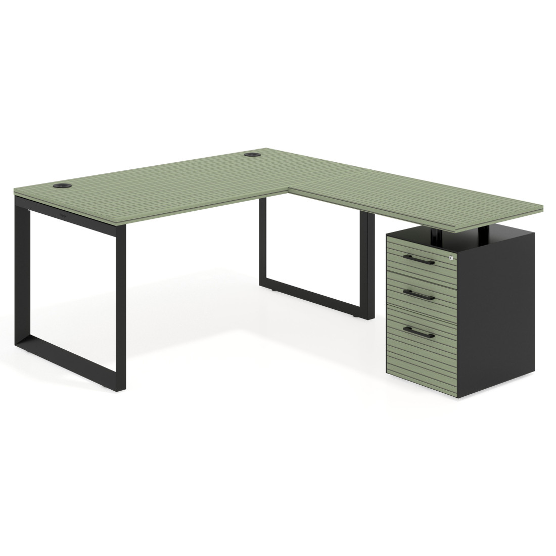 Mesa de escritorio en L con cajones Delta, estructura negra, ala pedestal melamina